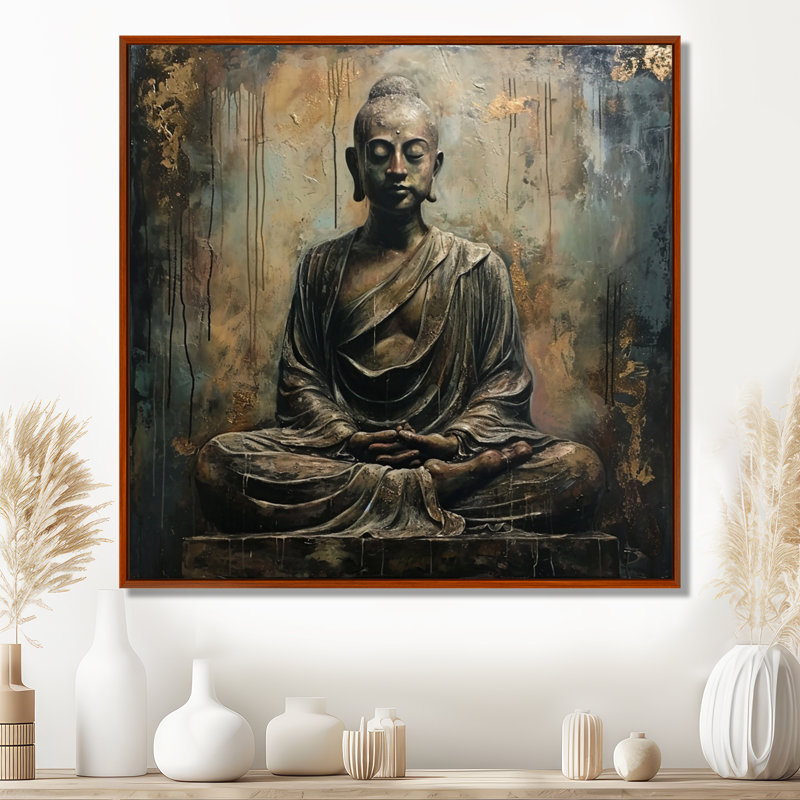 Bouddha rétro, art bleu argenté, Toile avec cadre flottant brun, H 16 po x l 16 po x P 1 po