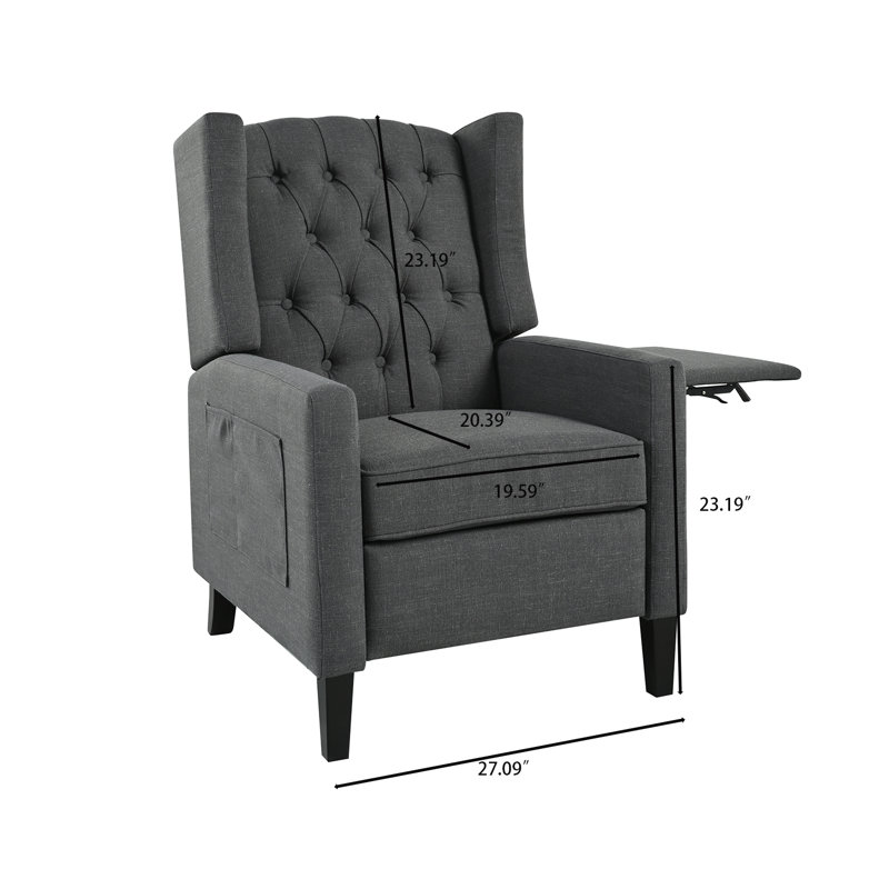 Fauteuil inclinable classique capitonné à oreilles avec garniture cloutée et mécanisme à pousser, tablette pliable, Bleu