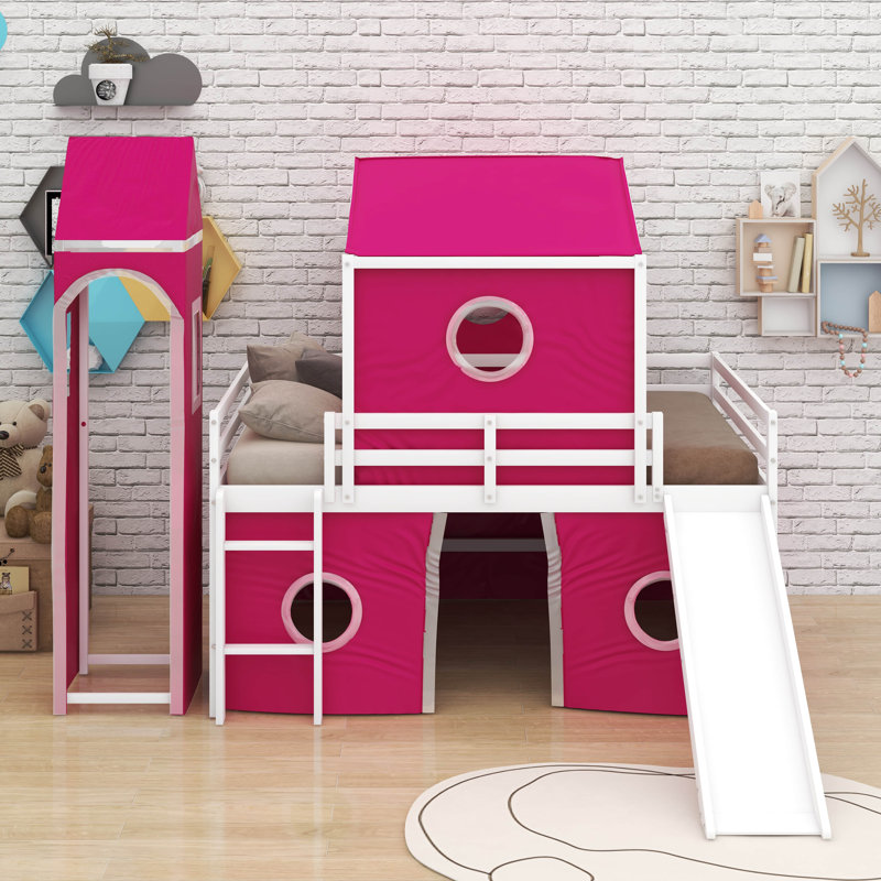 Twin Size Loft Bed With Slide And Tower, Pink