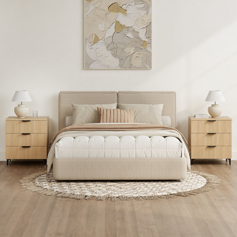Ensemble de 2 tables de chevet modernes en bois cannelé avec 3 tiroirs, l 25,6 po x P 13,8 po x H 29,5 po, naturel, Natural