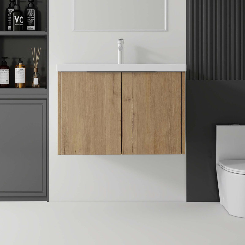 Meuble-lavabo flottant avec portes à fermeture en douceur et lavabo en céramique, Chêne