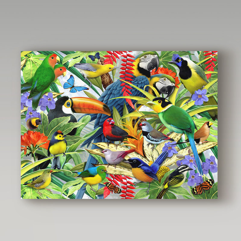 Vibrant Tropical Birds Print on Canvas, 20" x 15"