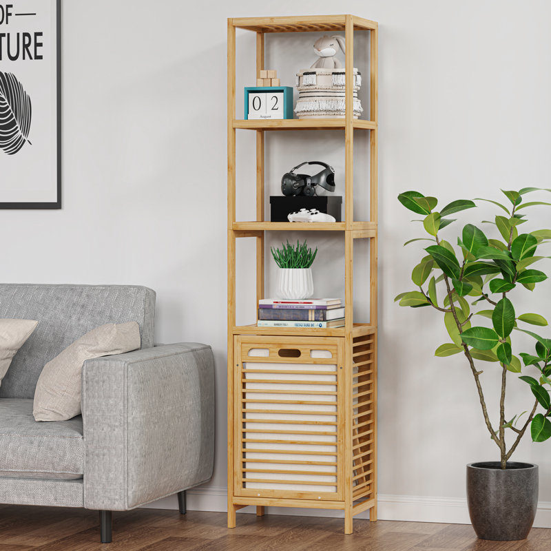 Wrenly Bamboo Tilt-out Laundry Hamper Cabinet, 4 Tier Pull-Out Laundry Hamper with Adjustable Shelf & Removable Basket, Beige