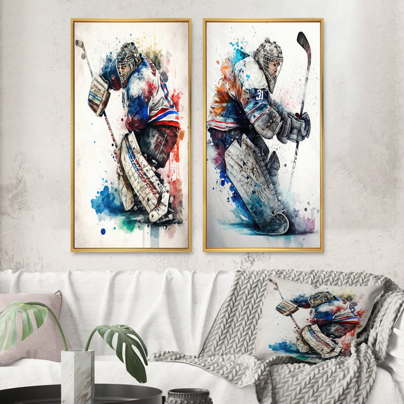 «Hockey Gardien», 2 pièces sur toile, Encadrement doré, H 20 po x l 24 po