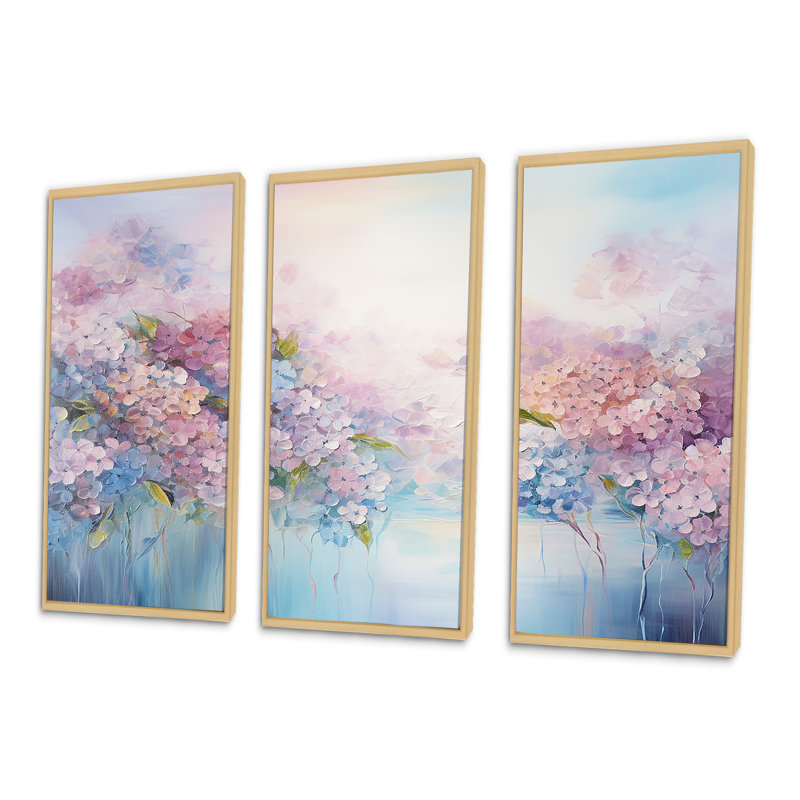 Blue And Pink Hydrangea Solitude In Nature - Flower Field Wall Decor Set, 28" H x 36" W x 1" D, Natural Floater Framed