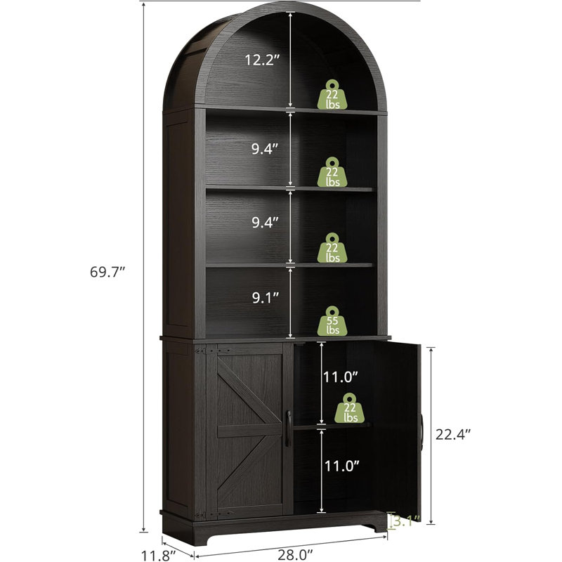 70'' Arched Bookcase With Doors,  6-Tier Farmhouse Bookshelf, Black
