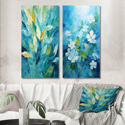 Blue And White Tropical Plants Mirage I - Jungle Wall Art Living Room Set Of 2