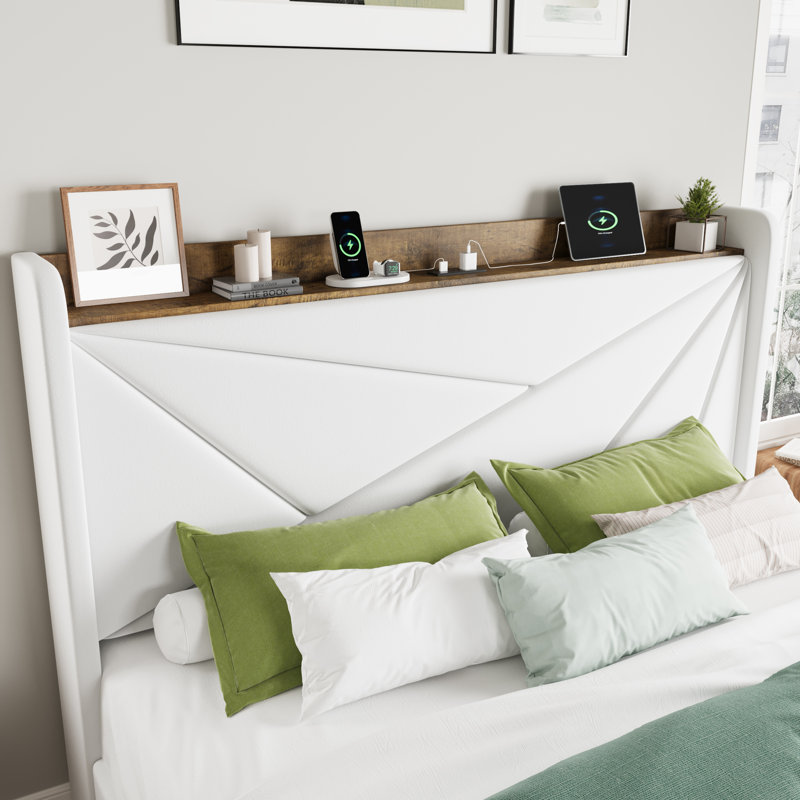 Modern Upholstered Bed With Charging Station & Storage Drawers, Velvet Wingback Headboard,Queen/Full/King Size, White, Queen