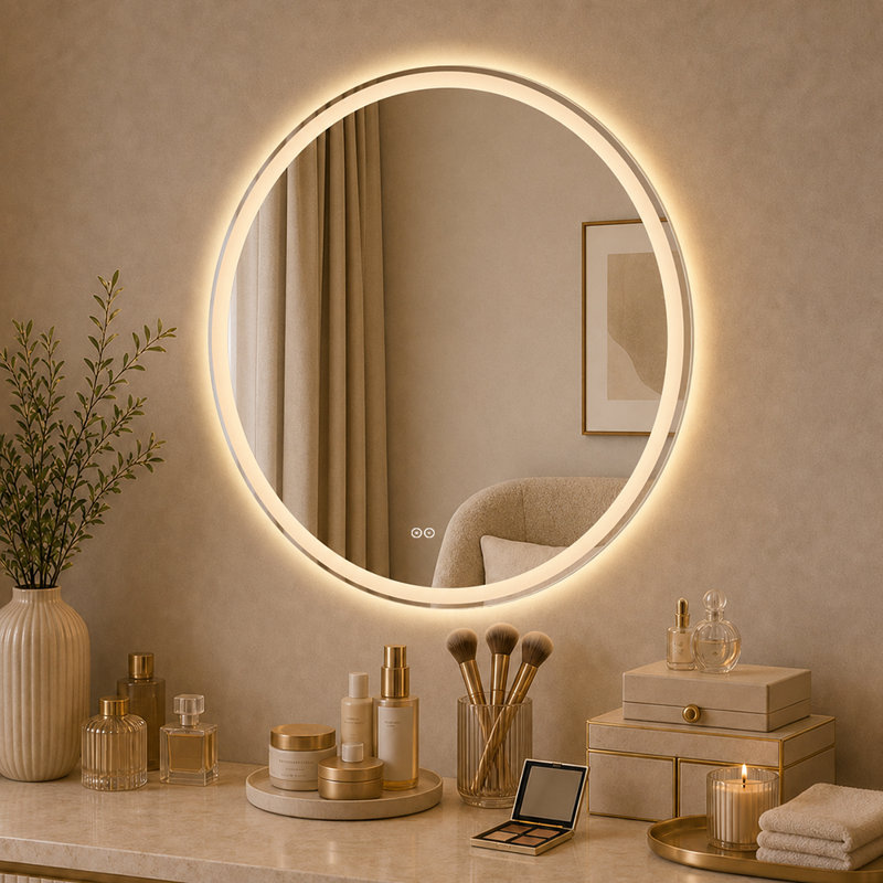 Miroir de meuble-lavabo rond sans cadre à DEL 36 pouces avec antibrouillard, contrôle tactile et éclairage 3 couleurs à intensité variable