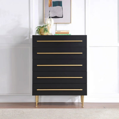 Commode contemporaine à 5 tiroirs avec détails dorés, commode 1 pièce pour chambre à coucher, unité de rangement en bois, noir
