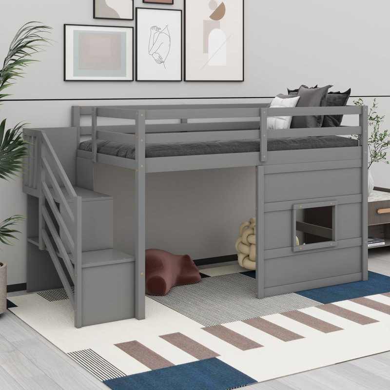 Lit mezzanine peu encombrant avec escalier de rangement et fenêtre, Gris