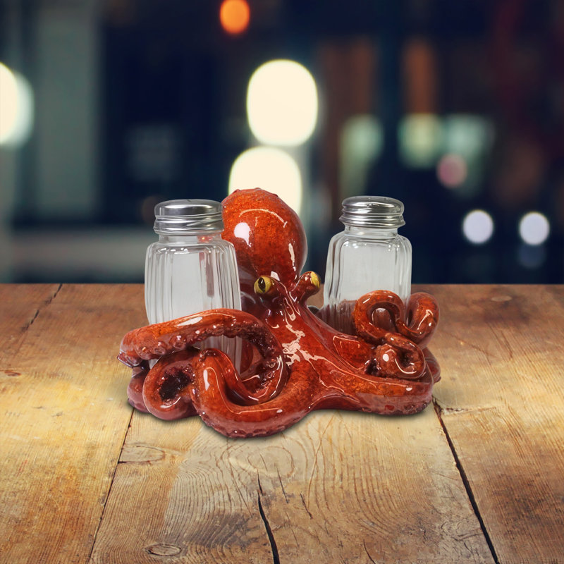 6"W Octopus Salt & Pepper Shaker Holder, Red