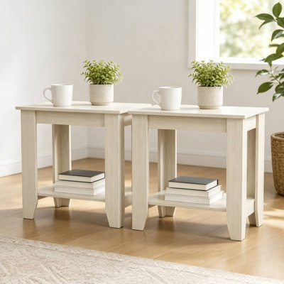 Farmhouse End Table Set of 2 with Lower Storage Shelf, Rectangular Side Table, Small Accent End Table for Living Room, Sofa Side Table, Nightstand for