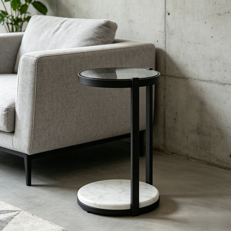 Table d'appoint moderne et mince en forme de C, table de chevet ronde à 2 niveaux avec plateau en verre fumé, base d'aspect marbre blanc et structure en métal noir pour salon et chambre