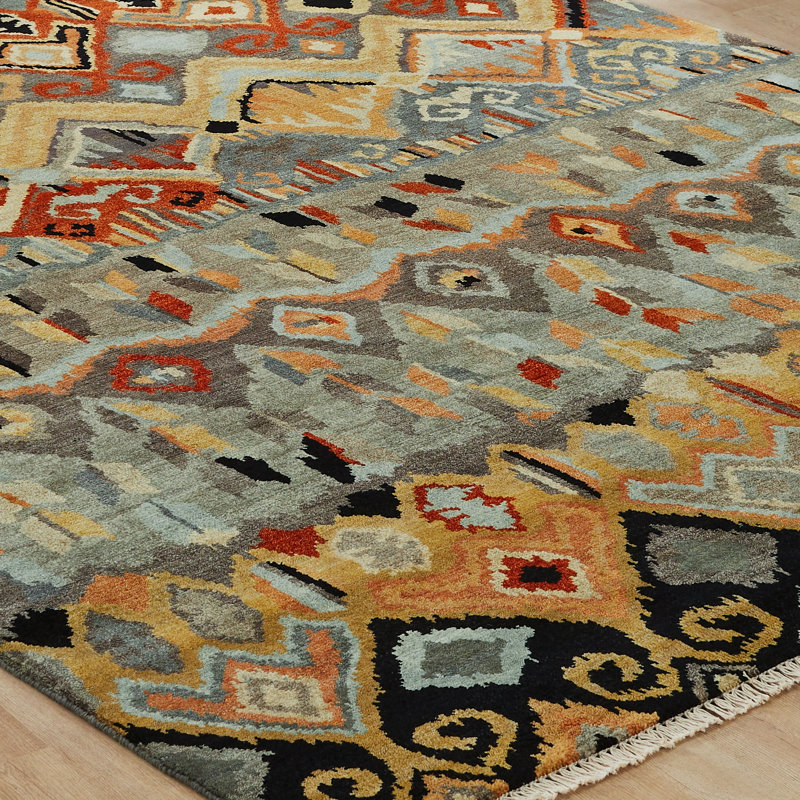 Artisan Hand Knotted Wool Southwestern Area Rug in Steel Blue; Earth; Ivory; Rust, Rectangle 2' x 3'