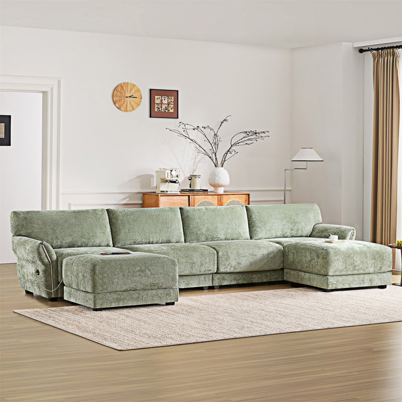 Canapé modulaire modulaire avec chargeur USB et chargeur de type C avec repose-pieds, Chenille verte