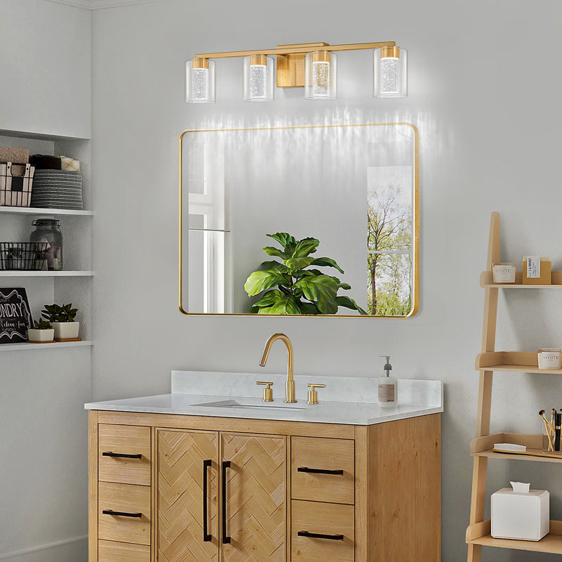 Éclairage pour salle de bain 4 lumières en laiton avec 3 modes de couleur et abat-jour en verre transparent, 4, Laiton