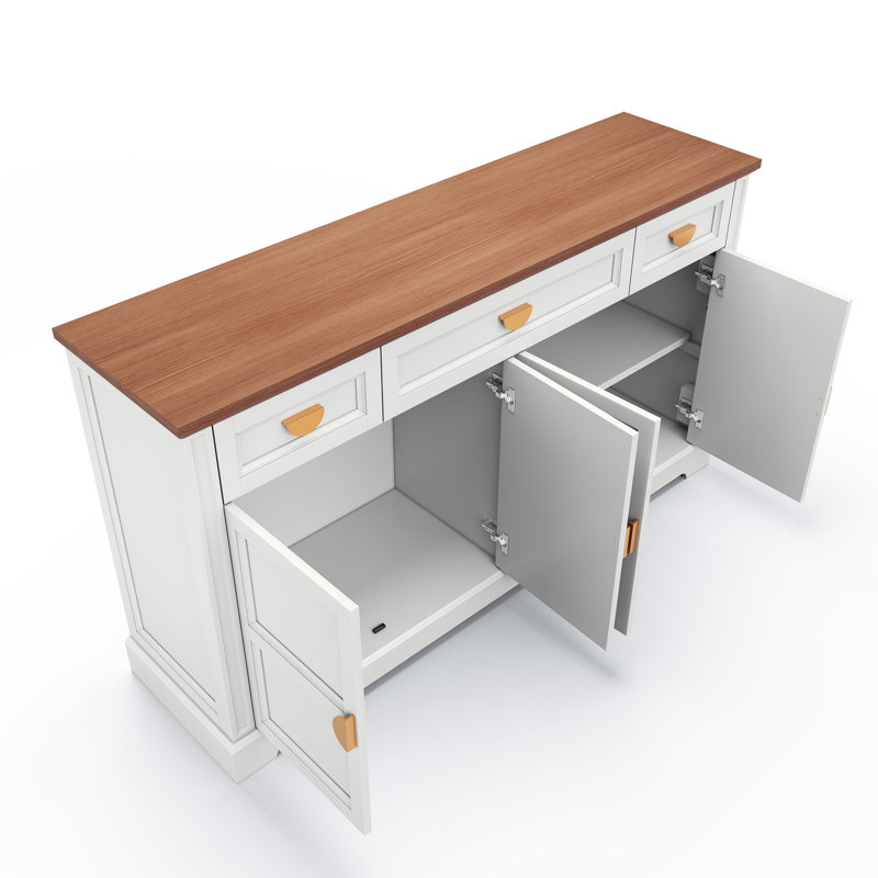 59'' W Sideboard with 3 Drawers, Mid-Century Style 4-Door Storage Cabinet, White