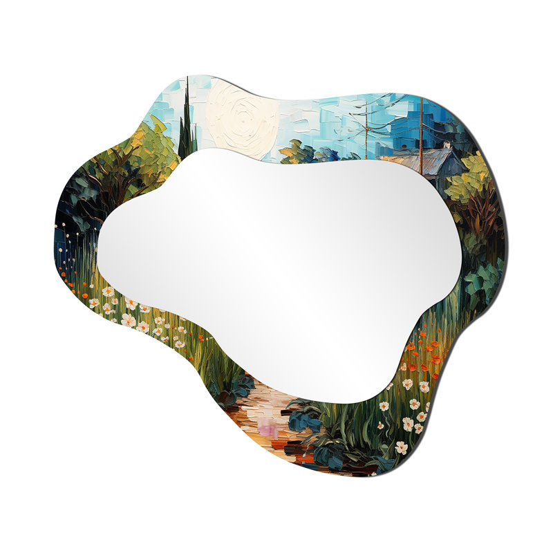 Maison de campagne à côté de Flower River - grand miroir asymétrique paysage, décor de miroir mural unique nuage bleu, impression d'art en métal