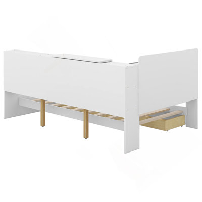 Lit plateforme en bois avec tête de lit, tablettes et 2 tiroirs