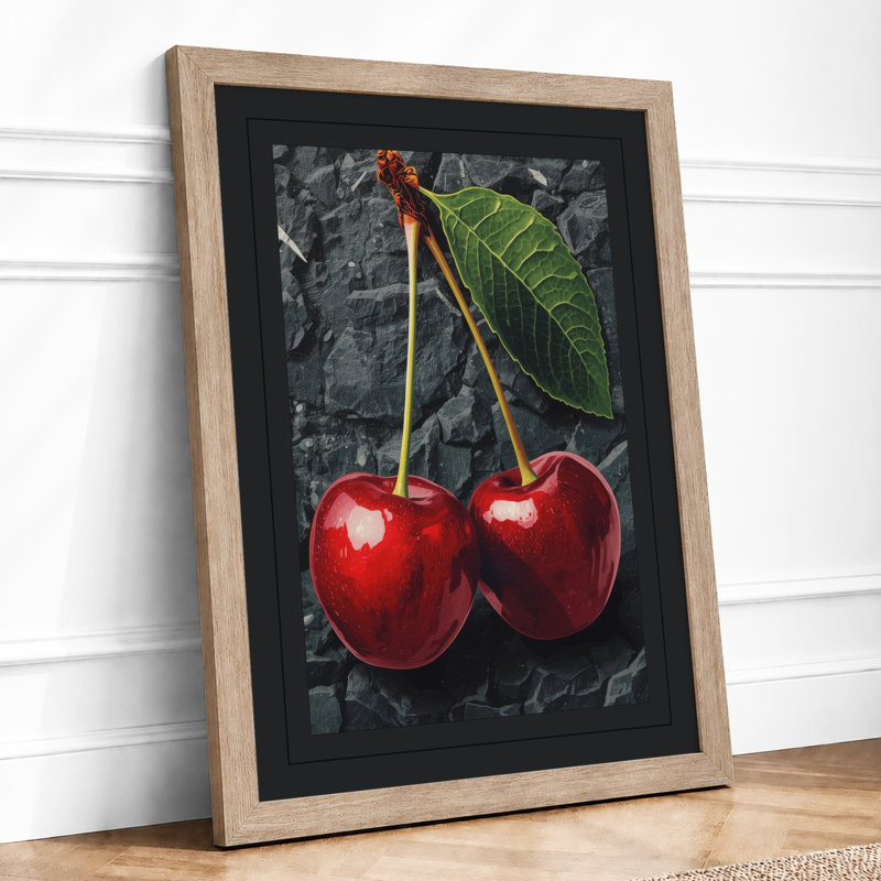 Cherries with Leaf Botanical - Framed Print, Oak, A3 - 42.0 x 29.7 cm