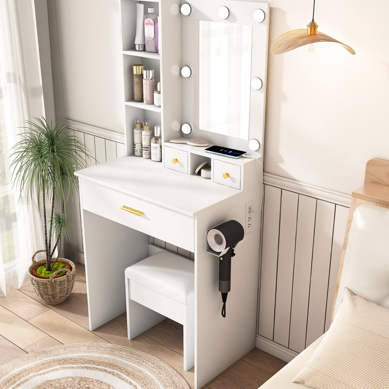 Meuble-lavabo blanc avec lumières à DEL réglables, prise de courant et tabouret - idéal pour les petites chambres à coucher. Tiroirs peu encombrants.