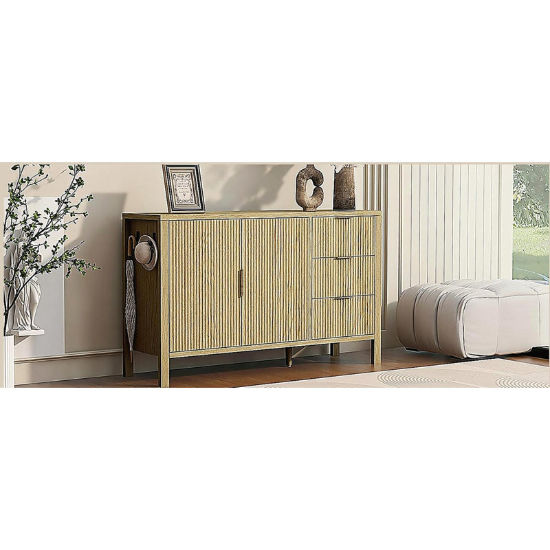 Buffet moderne à motif de vagues avec 3 tiroirs, grande armoire de rangement avec crochets et pieds centraux supplémentaires