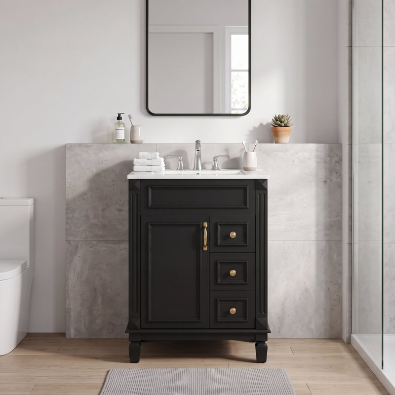 24" Bathroom Vanity with Ceramic Sink｜Black｜Small Bathroom Sink Cabinet｜2 Drawers and Adjustable Shelf｜Quiet and Smooth Operation