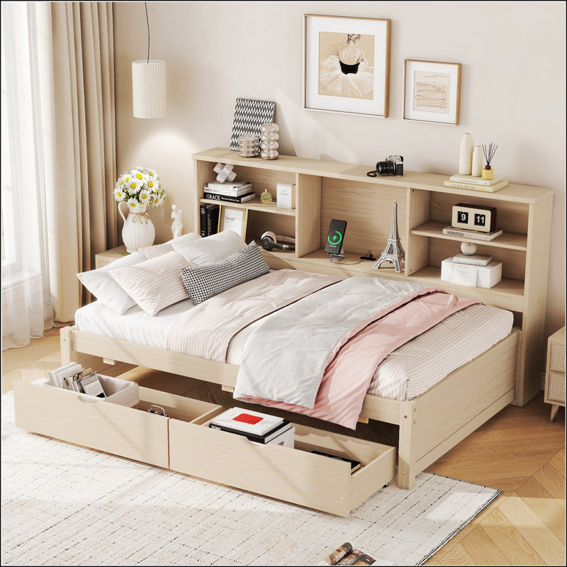 Cadre de lit simple avec tablettes latérales, Naturel