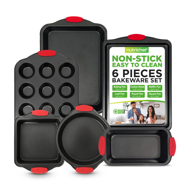 NutriChef 6-Piece Nonstick Carbon Steel Bakeware Set with Red Silicone Handles
