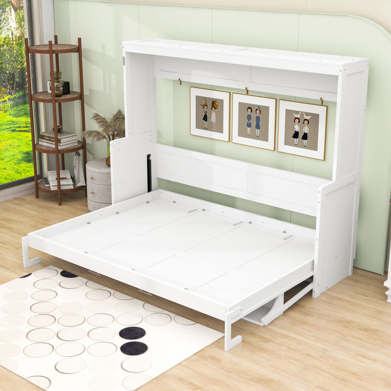 Lit escamotable en bois avec tablettes de rangement et lattes, Blanc, Grand