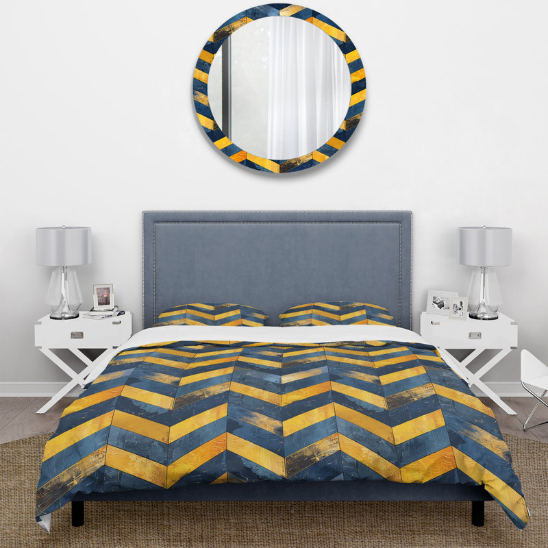 Ensemble de housse de couette Mid-Century Glamour Chevron Blue Gold Glamour, Housse de couette très grand + 2 taies décorativ