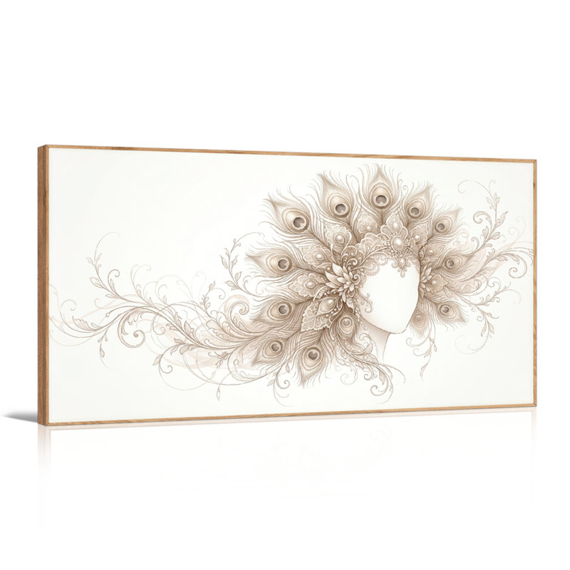 Ensemble de 1 tableau sur toile à motif de plumes de paon, 46“W x 24”H, Natural