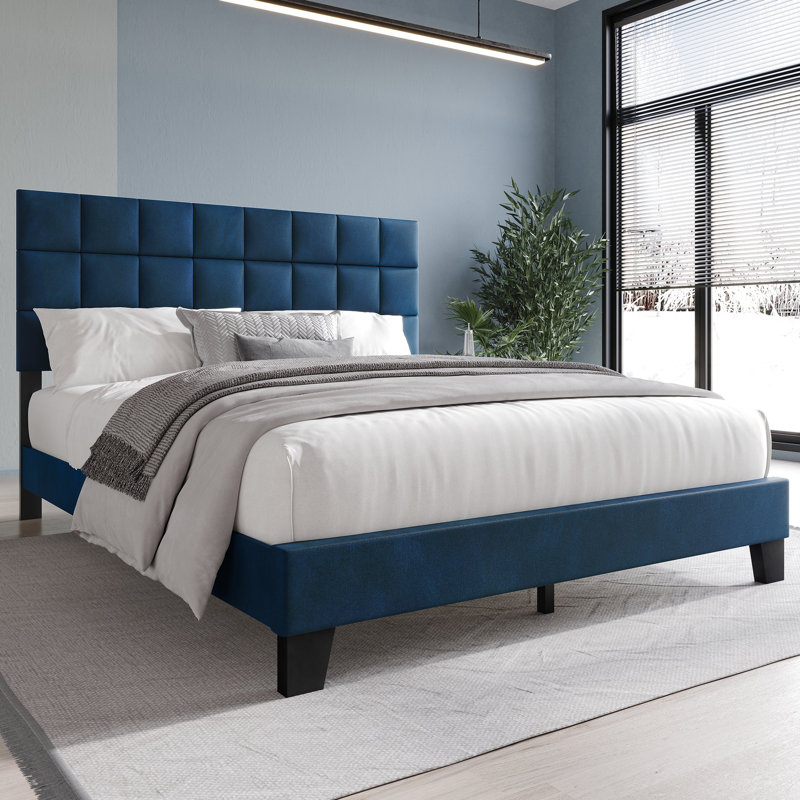 Cheneka Upholstered Unfinished Platform Bed, King, Navy Blue