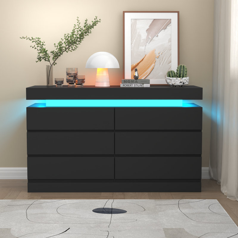 Shellise 6 Drawer 47.2" W Dresser with Power Outlet, Dresser with LED Light, Black