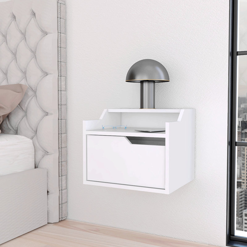 Table de chevet flottante avec tiroir et double tablette Florence, Blanc