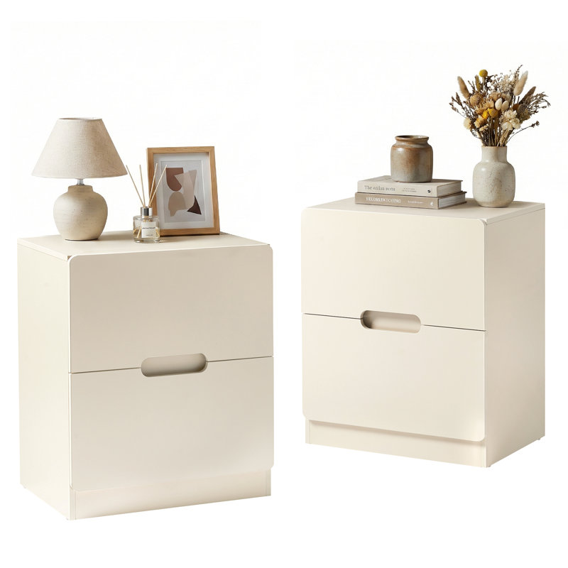 Modern 2-Drawer Nightstand with Cutout Handle，Set of 2, Beige
