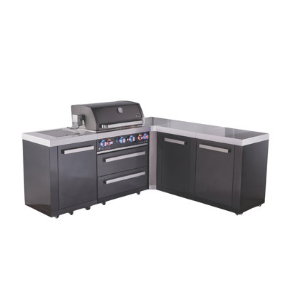 Mont Alpi Premium 82"W X 75"D X 46"H Black Stainless Steel L-Shaped Modular Outdoor Kitchen Island With Infrared Side Burner + 32"W 4-Burner Bbq Grill + Granite Countertops + Storage + Rotisserie + Cover + Natural Gas Convertible + Lifetime Warranty