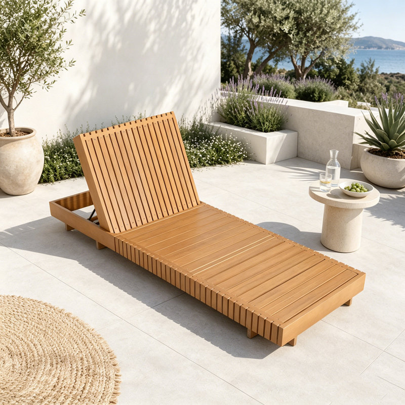 Chaise longue d'extérieur moderne en bois massif - Chaise longue inclinable réglable pour patio, Cuivre, teck