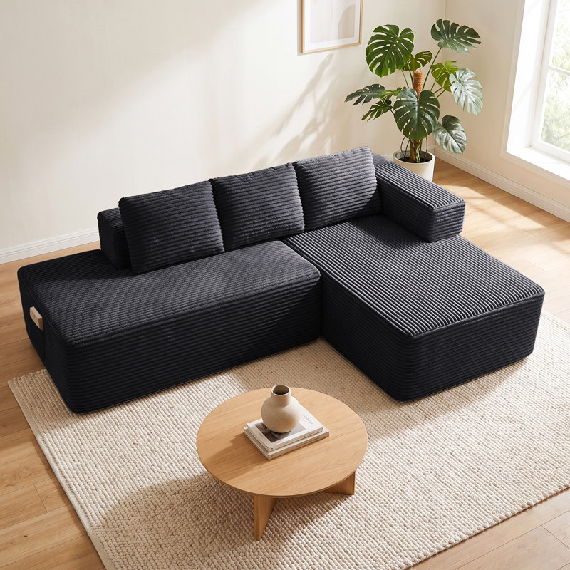 3 Seater Corduroy Sectional, Black