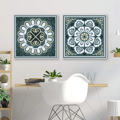 Mandala Variety " Green Circular Floral Tile Duo Abstract Plants " 2 - Pieces