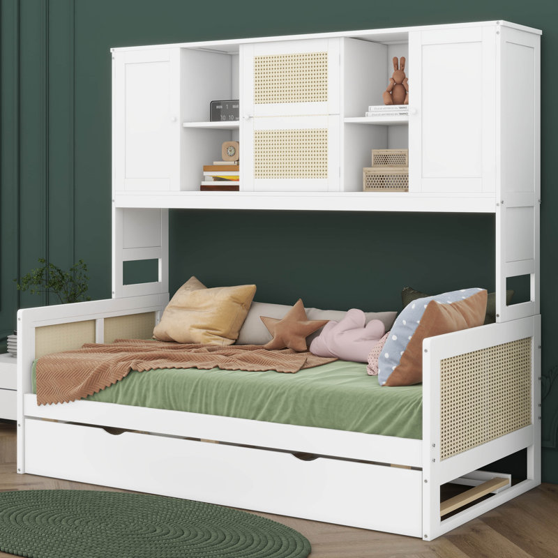 Lit de jour simple avec lit gigogne simple, structure de lit de jour en bois massif avec armoire et tablette tout-en-un pour enfants, adolescents, adultes
