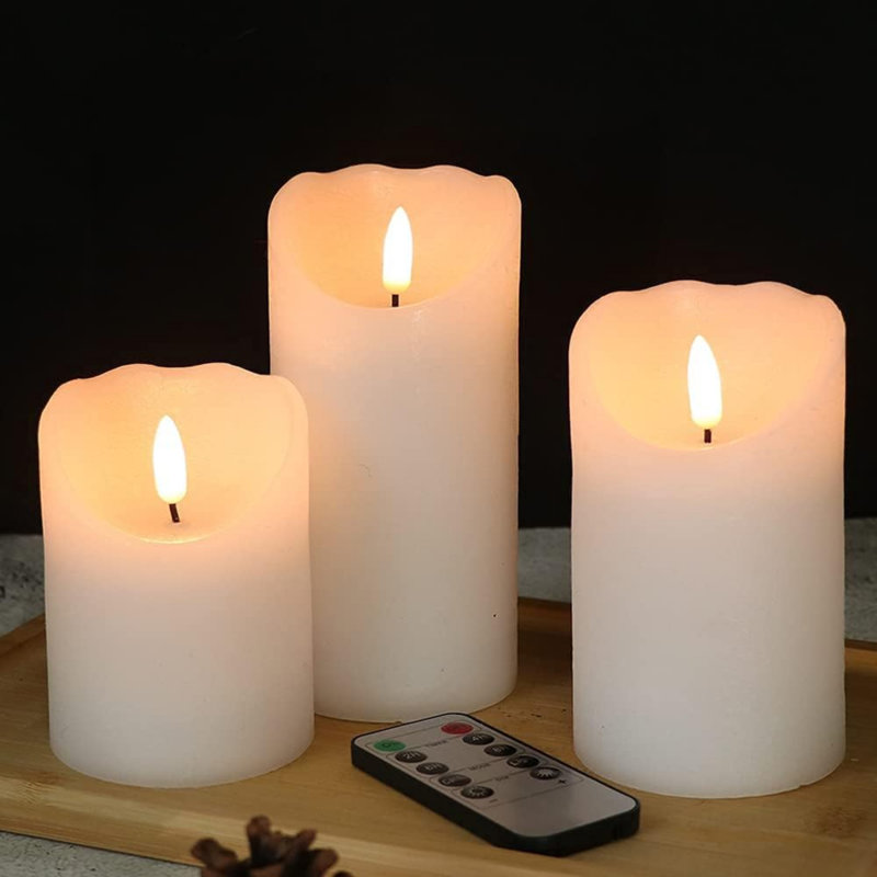 Flameless Flickering Candles with Remote, 3D Wick Real Wax Battery Operated White Pillar Candles with Timer Set of 3 for Home Wedding Party Christmas Decoration (D3” x H4”5”6”) White