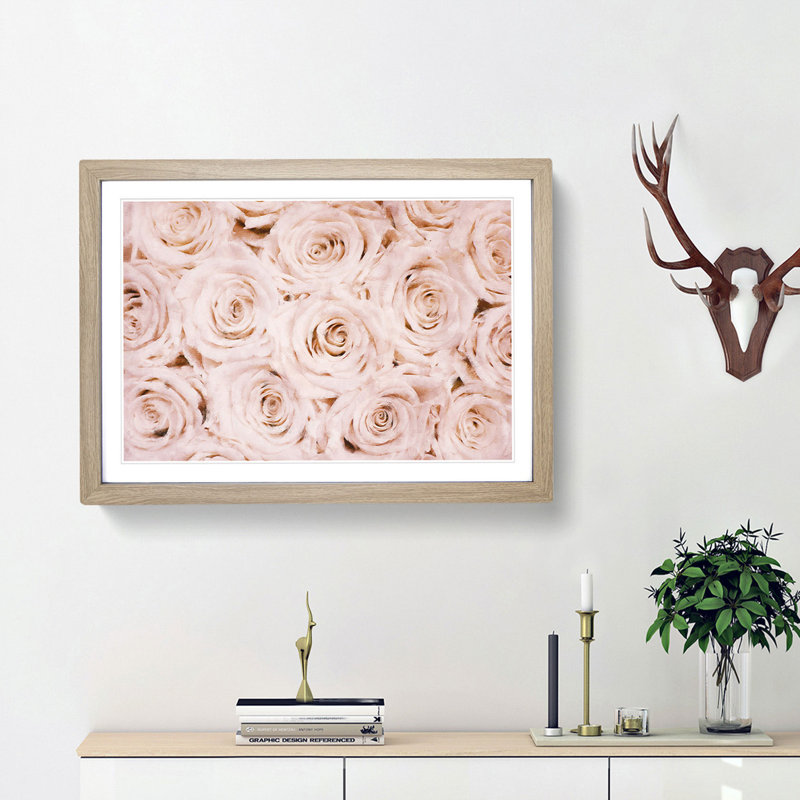 Wall of Pink Roses - Picture Frame Graphic Art Print, 24cm H x 33cm W x 2cm D, Oak Framed