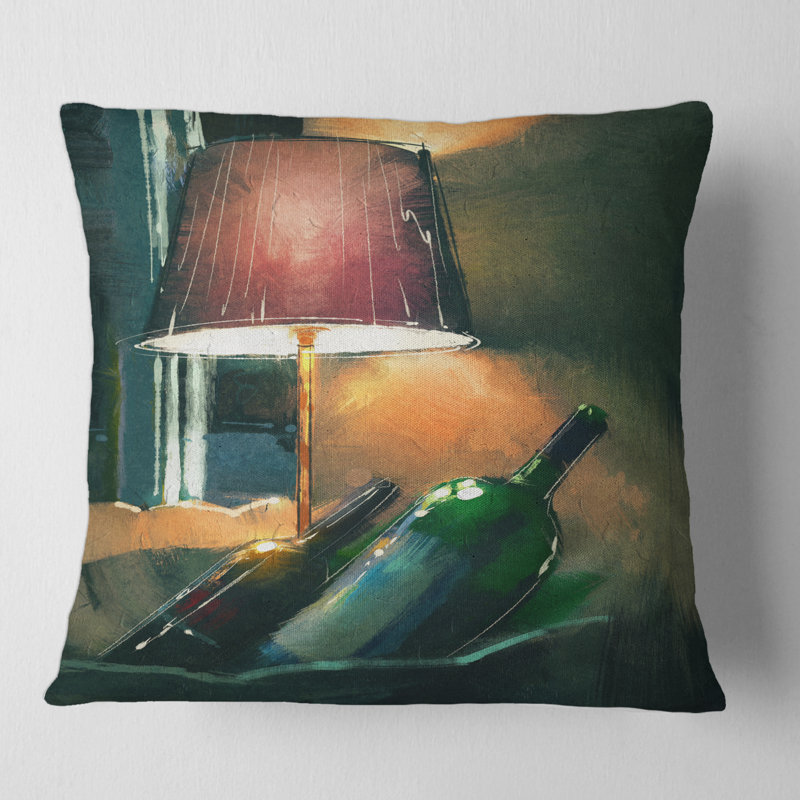Housse et housse de coussin carré de bouteilles de vin et lampe brillante dans la nuit, 16" x 16"