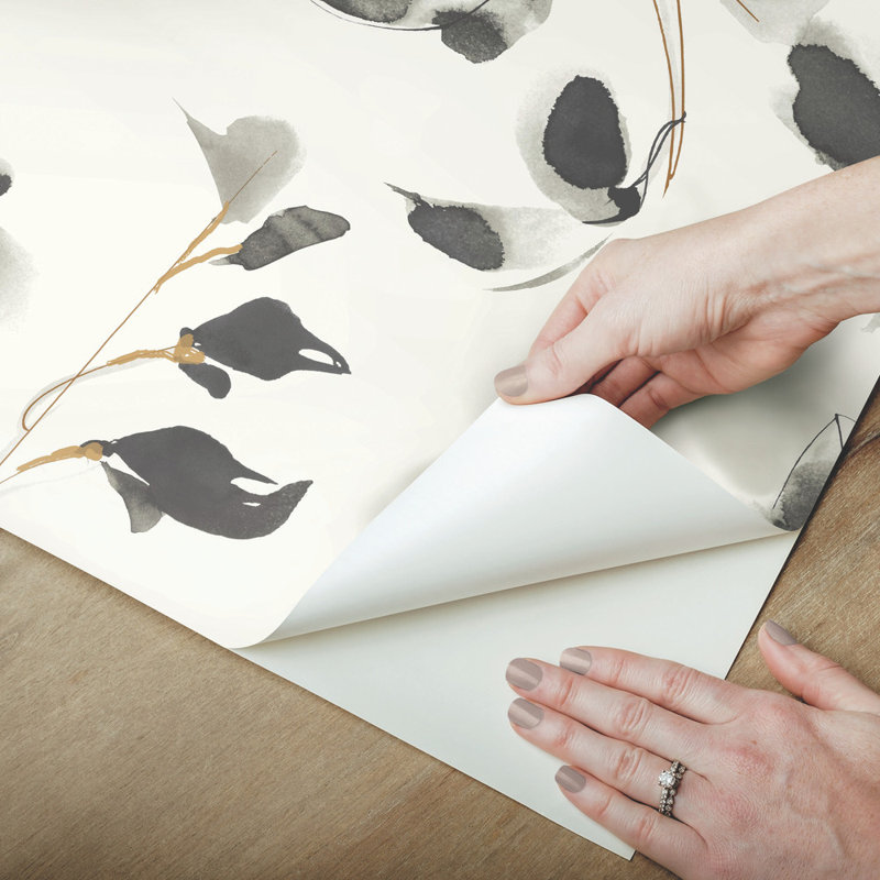 Floral Peel & Stick Wallpaper Roll, White/Black/Gold