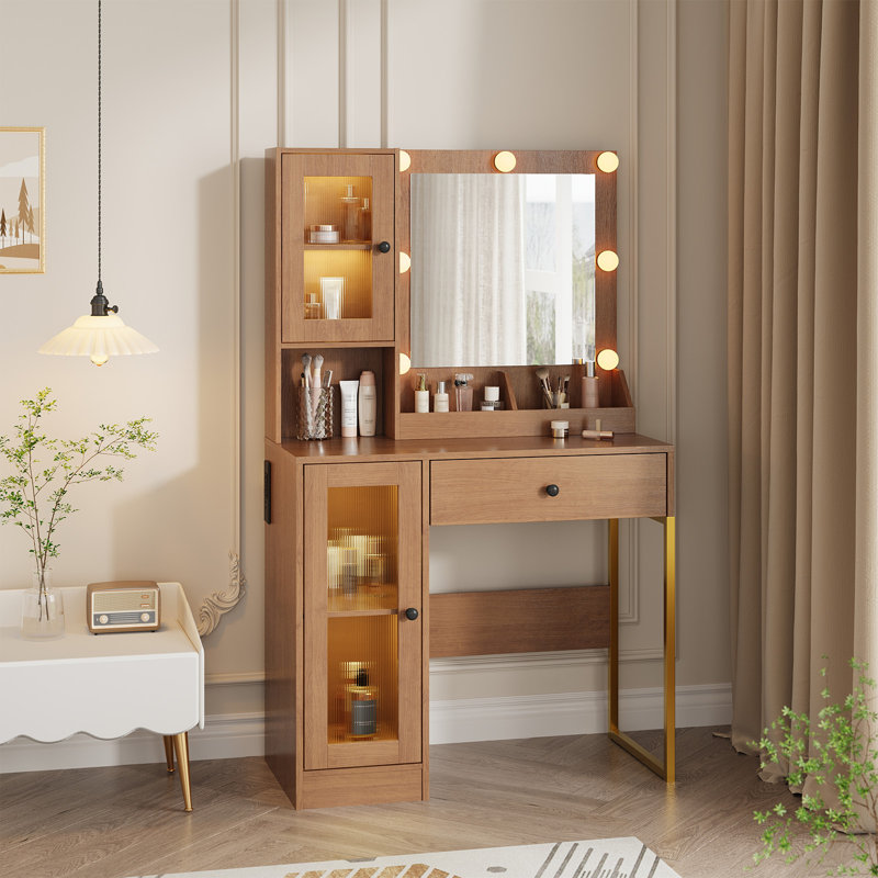 Vanity Desk with Mirror and Lights Elegant Makeup Vanity Table with Drawers & Cabinets, Storage, Sturdy MDF Top, Adjustable Brightness Bulbs, Built-in Power Outlet & USB Ports for Bedroom