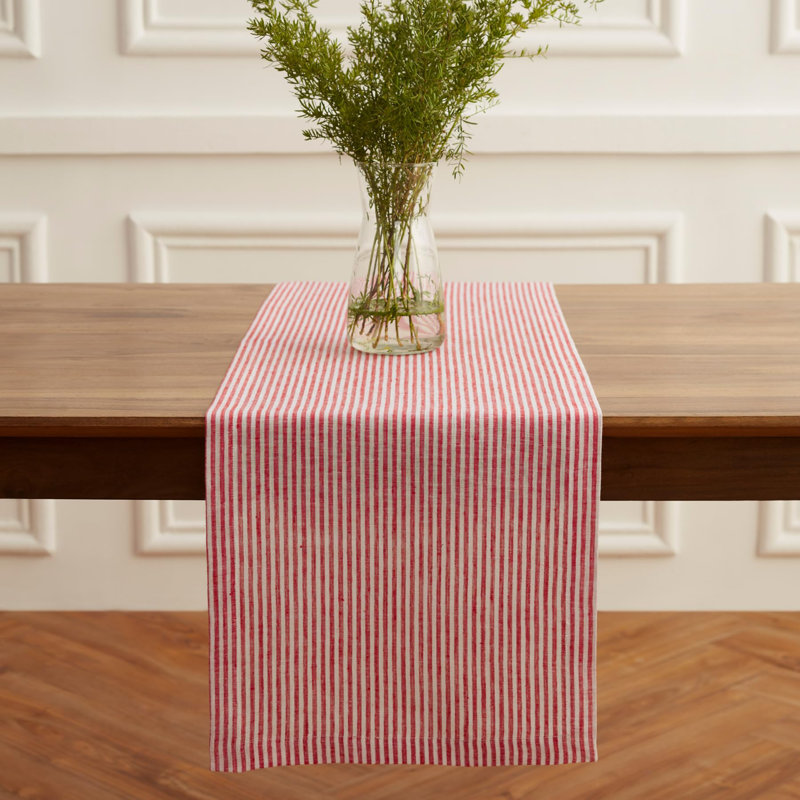 Narrow Stripe - 100% Pure Linen  Table Runner, 132" x 14", Red/White