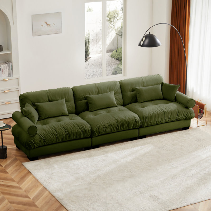 Grand canapé moderne en velours 3 places, canapé surdimensionné, siège et support de dossier Clould Like, avec coussins de taille et coussins décoratifs, vert olive