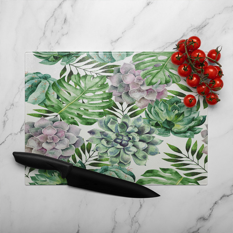 Watercolour Botanical Leaves Glass Chopping Board